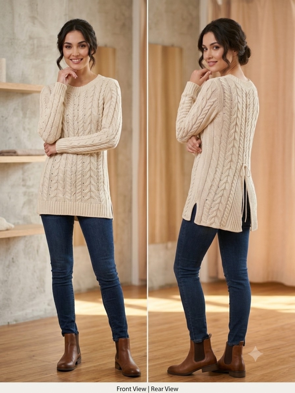 CAbi Cream Cable Knit Lace-Up Back Pullover Sweater, Size Medium
